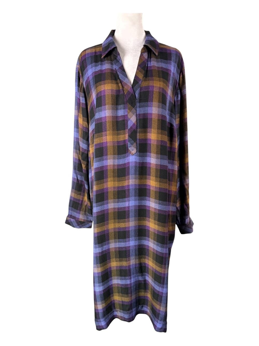 J Jill XL Midi Shift Dress Black Purple Brown Plaid 100% Rayon Flannel NWT